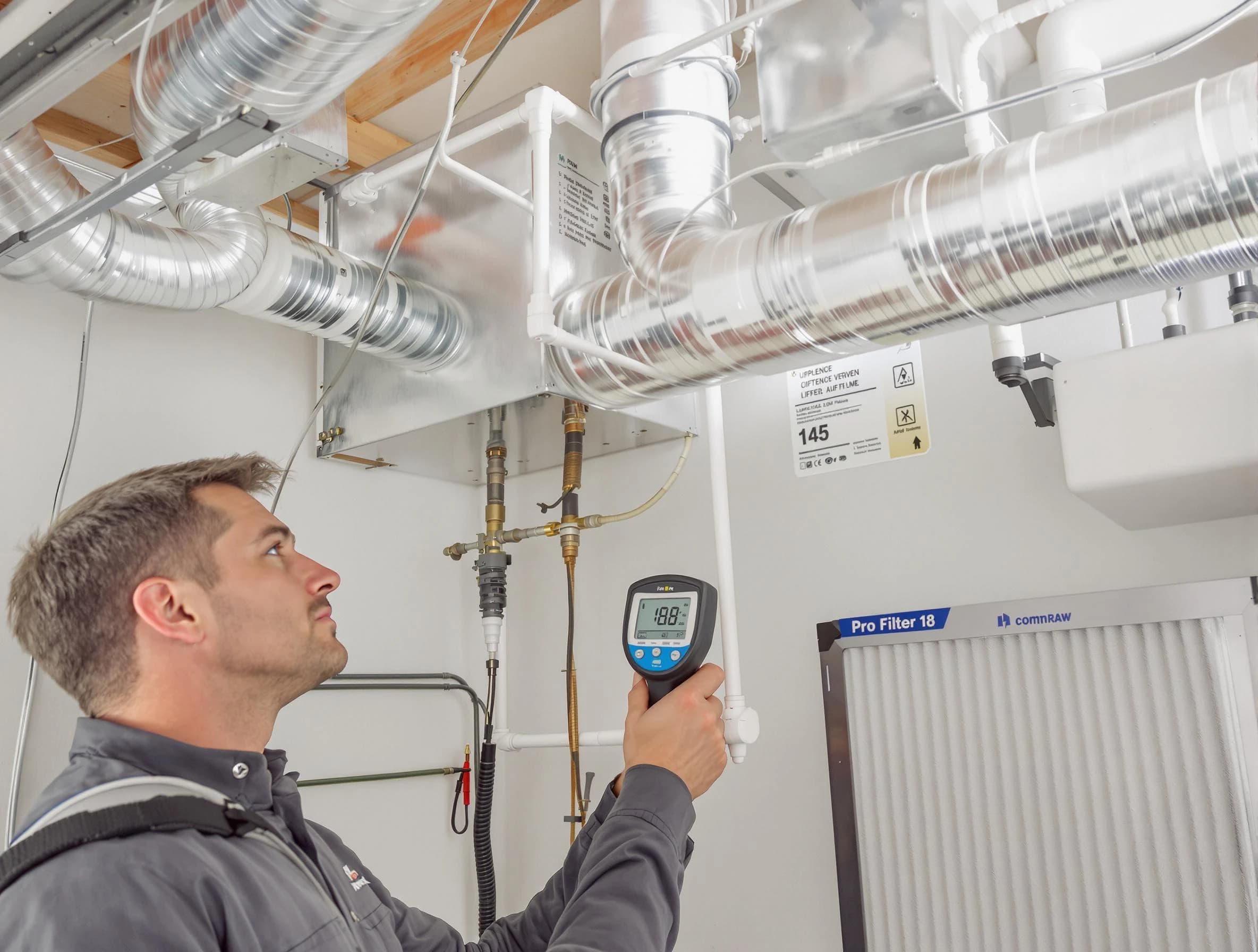 Santa Ana Air Duct Cleaning expert conducting detailed filter system inspection using diagnostic tools in Santa Ana